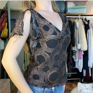 Papell boutique vintage Black & Bronze Sequin V-Neck Top